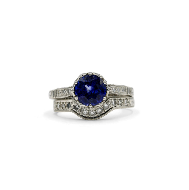 Platinum 1.33ct Round Brilliant Sapphire Vintage Wedding Set