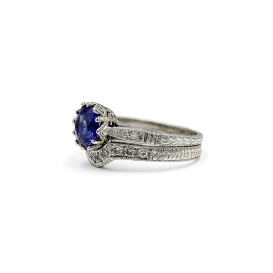 Platinum 1.33ct Round Brilliant Sapphire Vintage Wedding Set