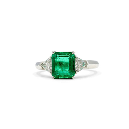 Platinum 2.93ct Vintage Emerald & Diamond 3-Stone Ring